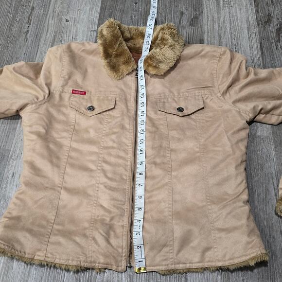 Guess Tan Full Zip Up Jacket Inside & Collar Lined Brown Faux Fur Juniors Winter - Picture 8 of 9